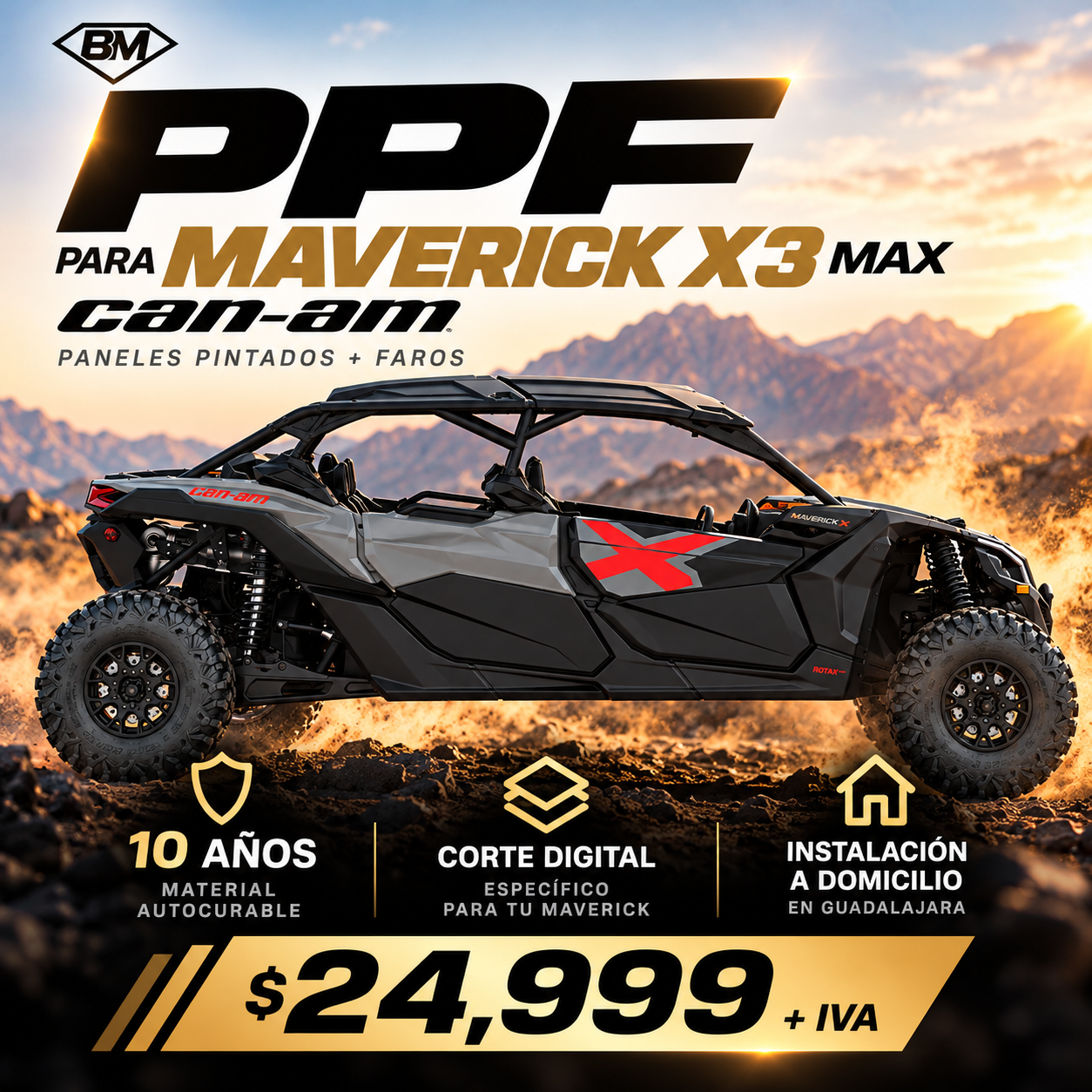 PPF Can-Am Maverick X3 MAX: paneles pintados y faros en Guadalajara