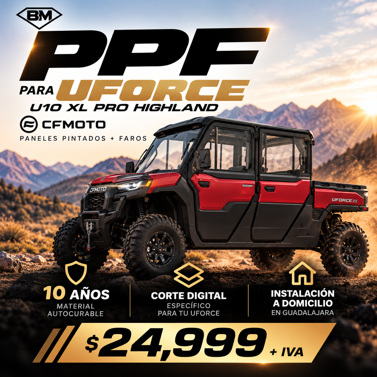 PPF CFMOTO UFORCE U10 XL Pro Highland: paneles pintados y faros en Guadalajara