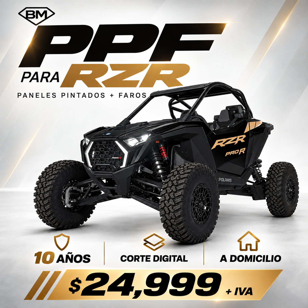 PPF para RZR y UTV en Guadalajara: paneles pintados + faros, corte digital y a domicilio